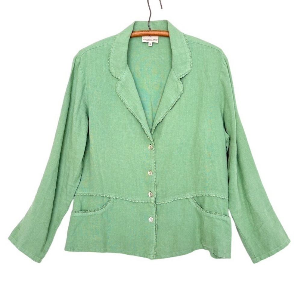 VTG Monterey Bay Linen Button Blazer cardigan pocket Pea Green Lagenlook Crochet - Picture 1 of 7